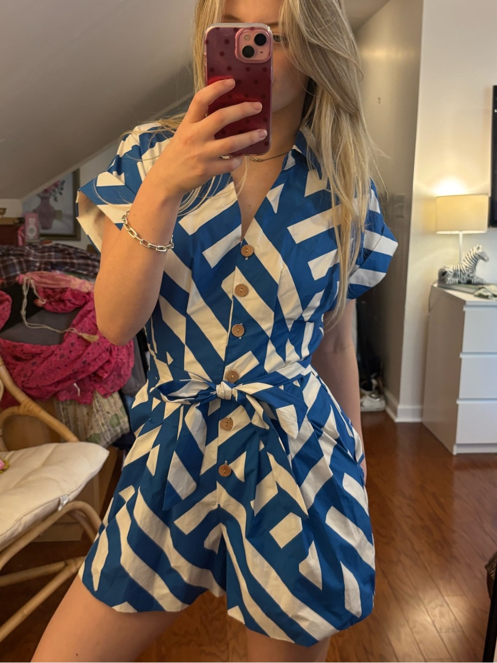 Blue and White Geometric Wrap romper